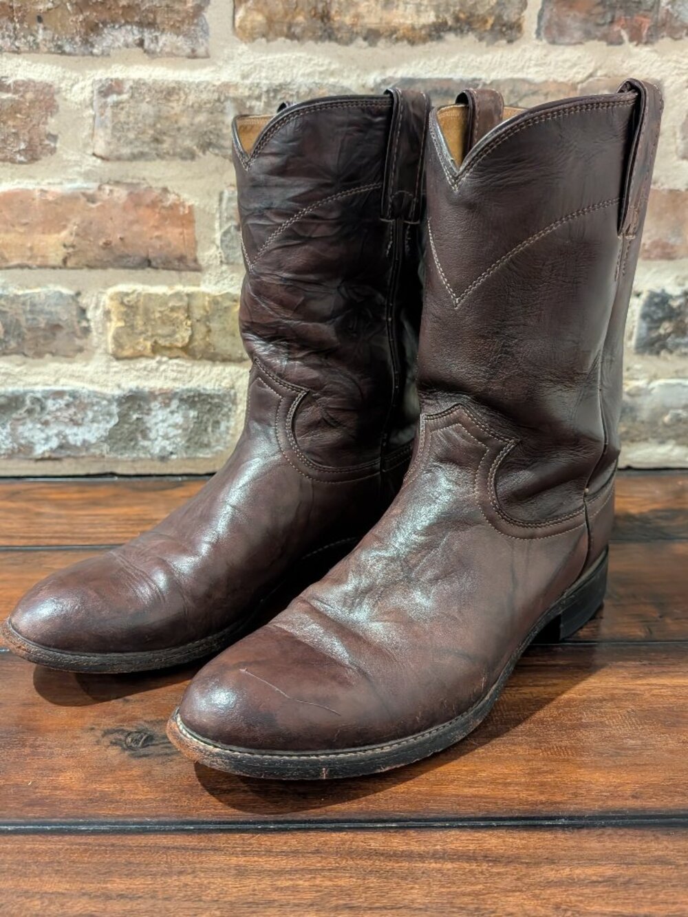 Justin Classic Brown Marbled Leather Roper Style 3162 Cowboy Boots Men's 9D